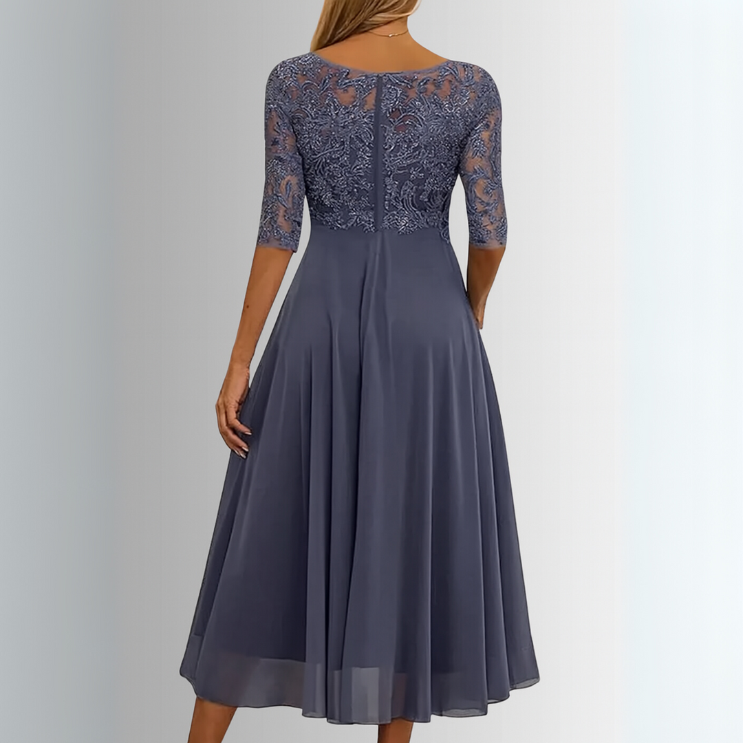 A-Line Lace Chiffon Hi-Low Dress Women Bateau Half Sleeve